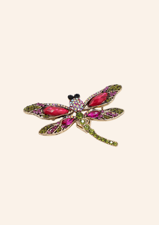 Kleurrijke broche in de vorm van een dragonfly. Stainless steel materiaal