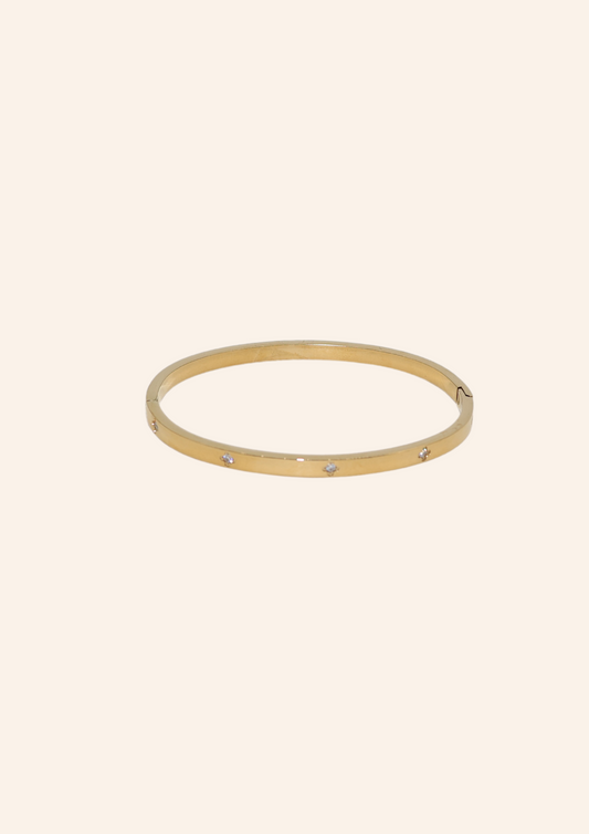 Gouden armband van roestvrij staal genaamd Forever Fave bracelet. De armband heeft een diamanten patroon. Verkrijgbaar op izzithelabel.nl. De armband verkleurt niet door water en is stainless steel en nikkelvrij.